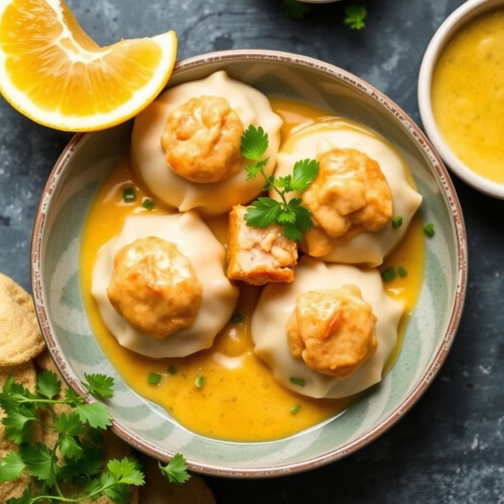 Laksdumplings med kokos-karri saus