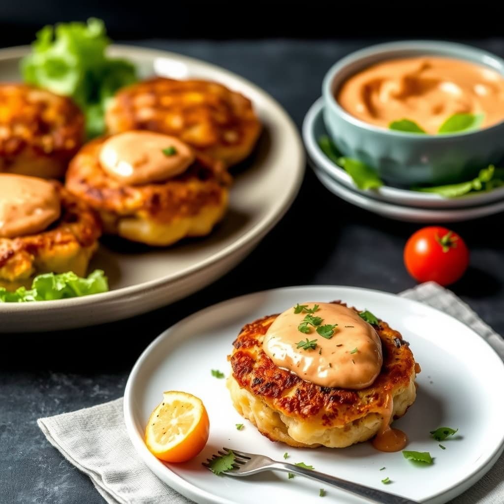 Lakse- og potetkaker med ovnsbakt tomatsaus