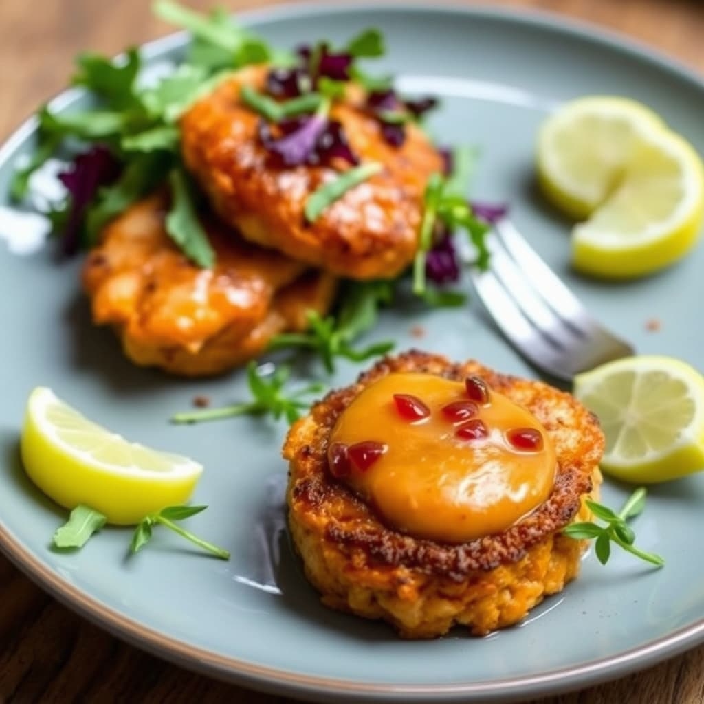 Lakse- og søtpotetkaker med agrodolce-relish og ruccola