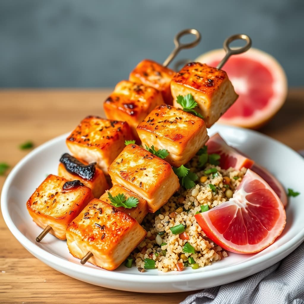 Lakse-spyd med quinoa og grapefrukt-salat