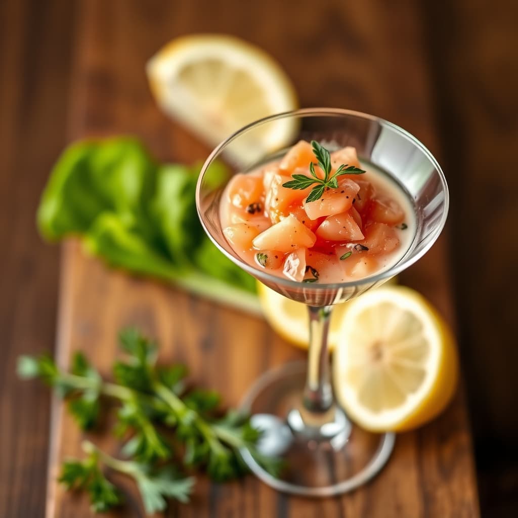 Lakse-tartar i et martiniglass
