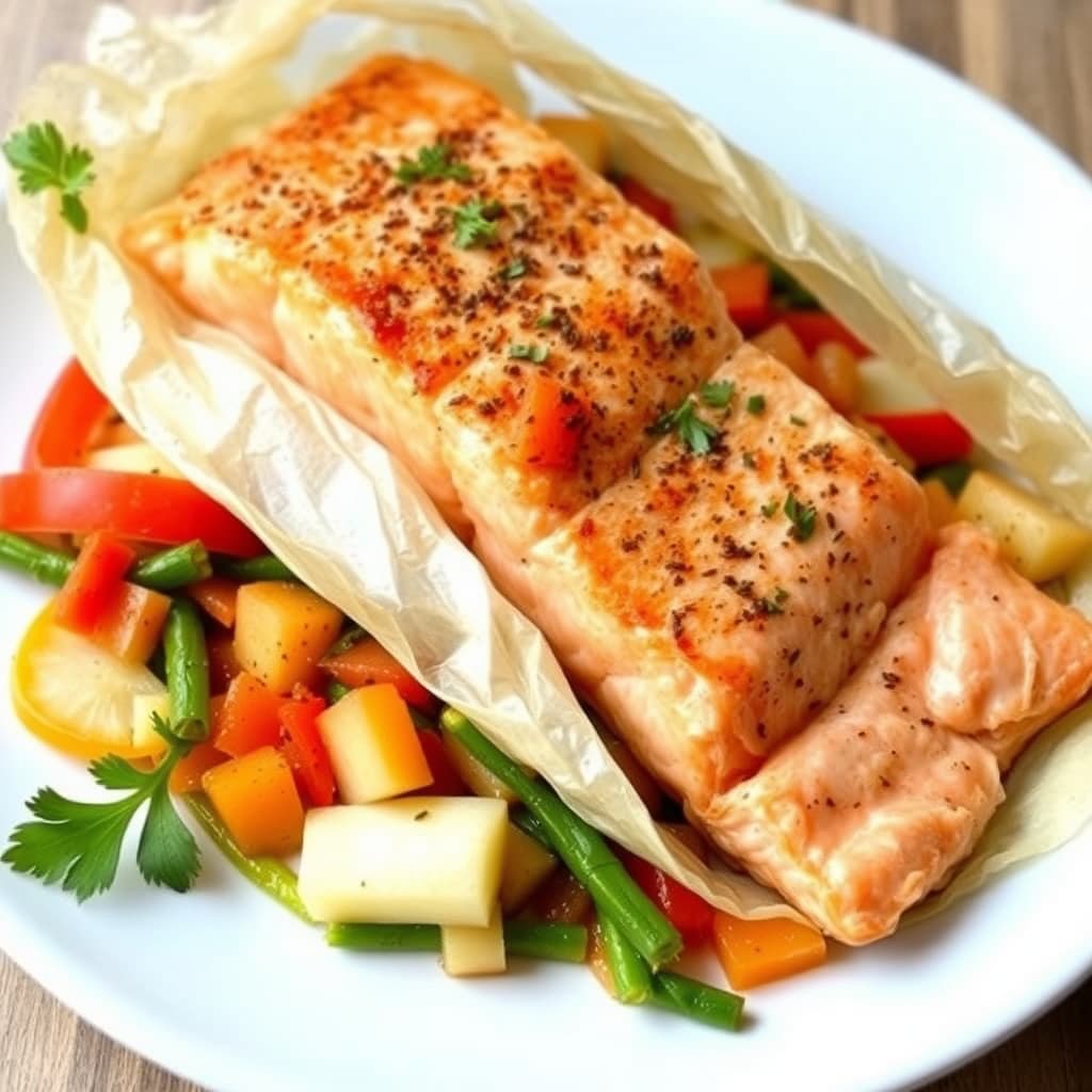Laksefilet en papillote med juliennegrønnsaker