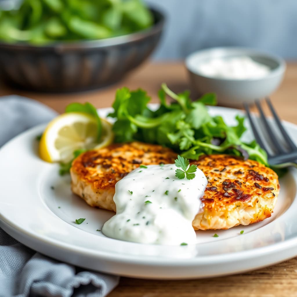 Laksekaker med sitron-yoghurtsaus