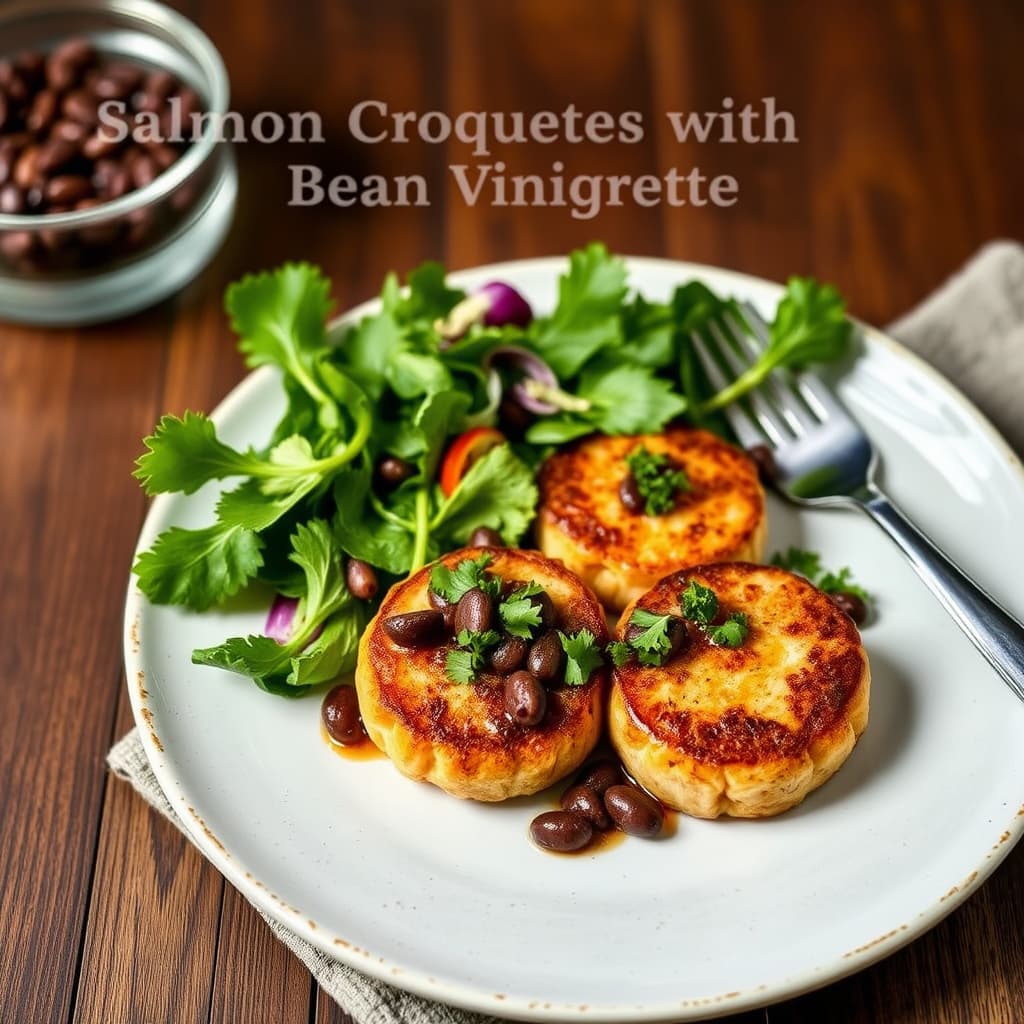 Laksekroketter med svartbønnevinaigrette