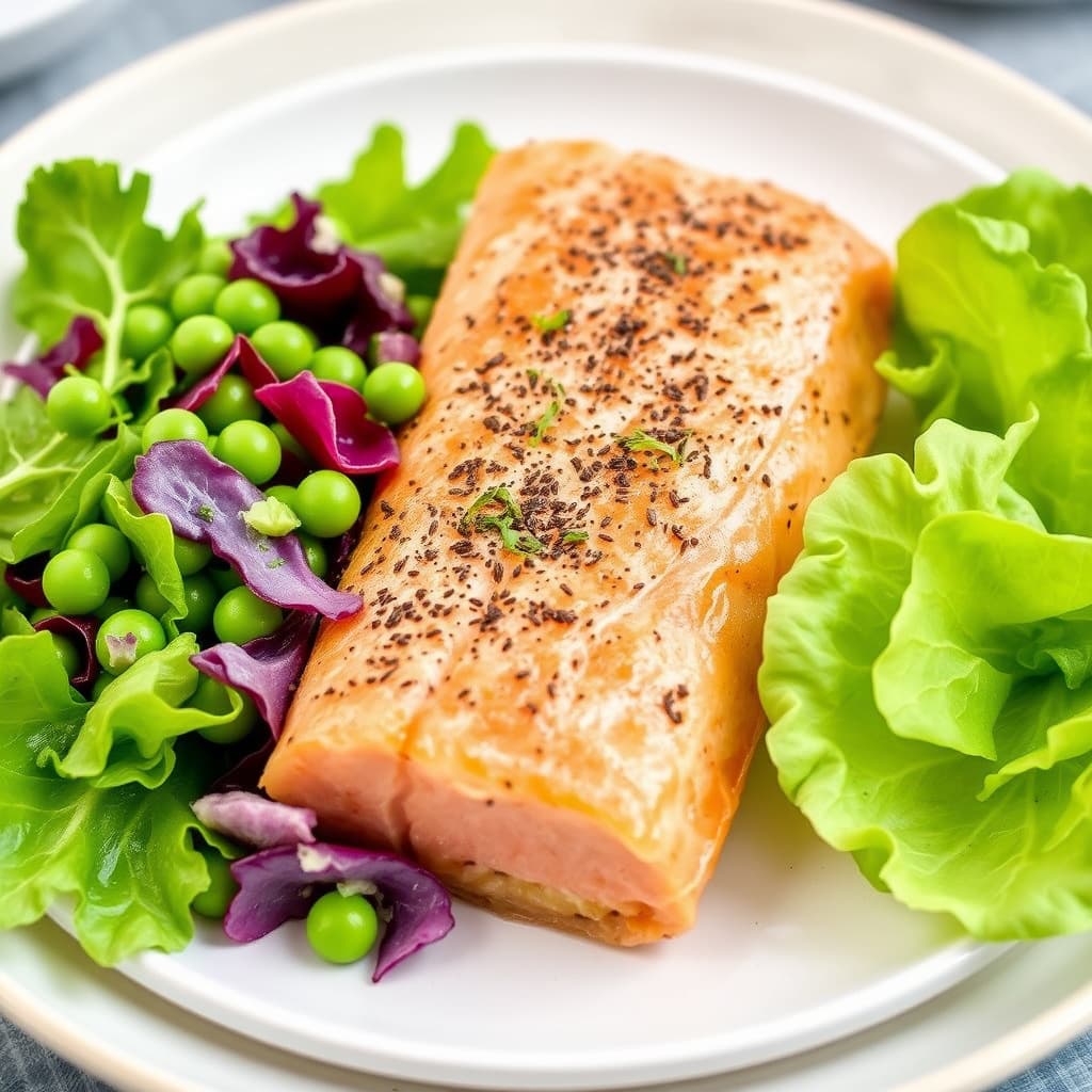 Laksepaillards med salat av salat og erter