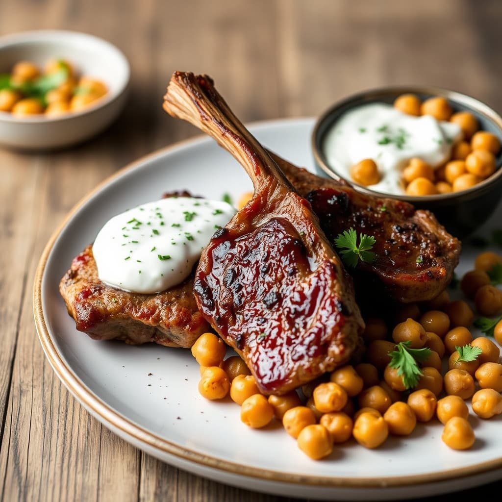 Lamb Chops med alt-poser-yogurt og kikerter