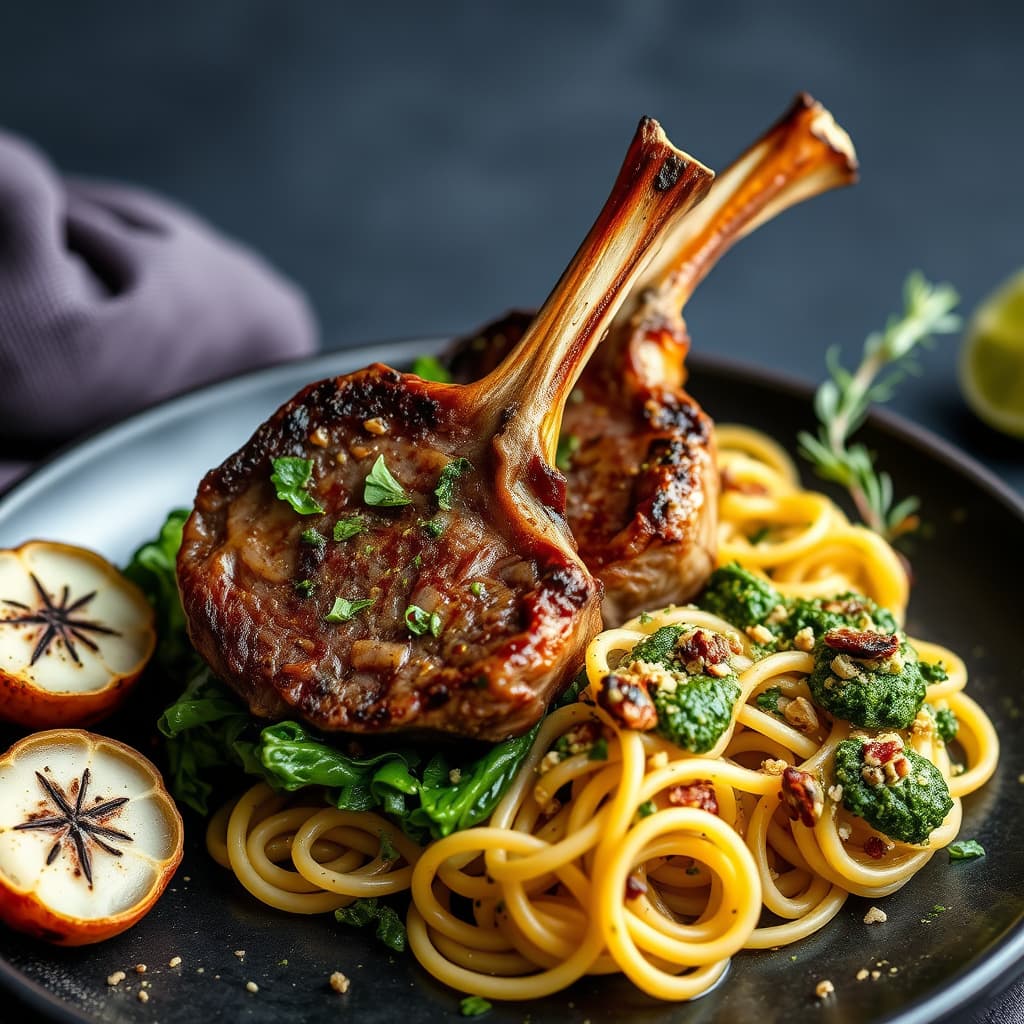 Lamb Chops med grønnsaker og sprø orecchiette-pasta med valnøtt-rosmarinpesto