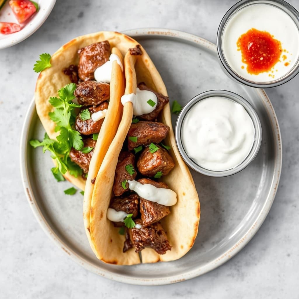 Lamb Gyro med Tzatziki-saus og Sterk Rømme-saus