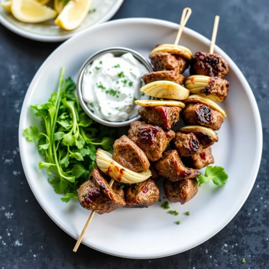 Lamb- og artisjokkspyd med gresk yoghurt-dip