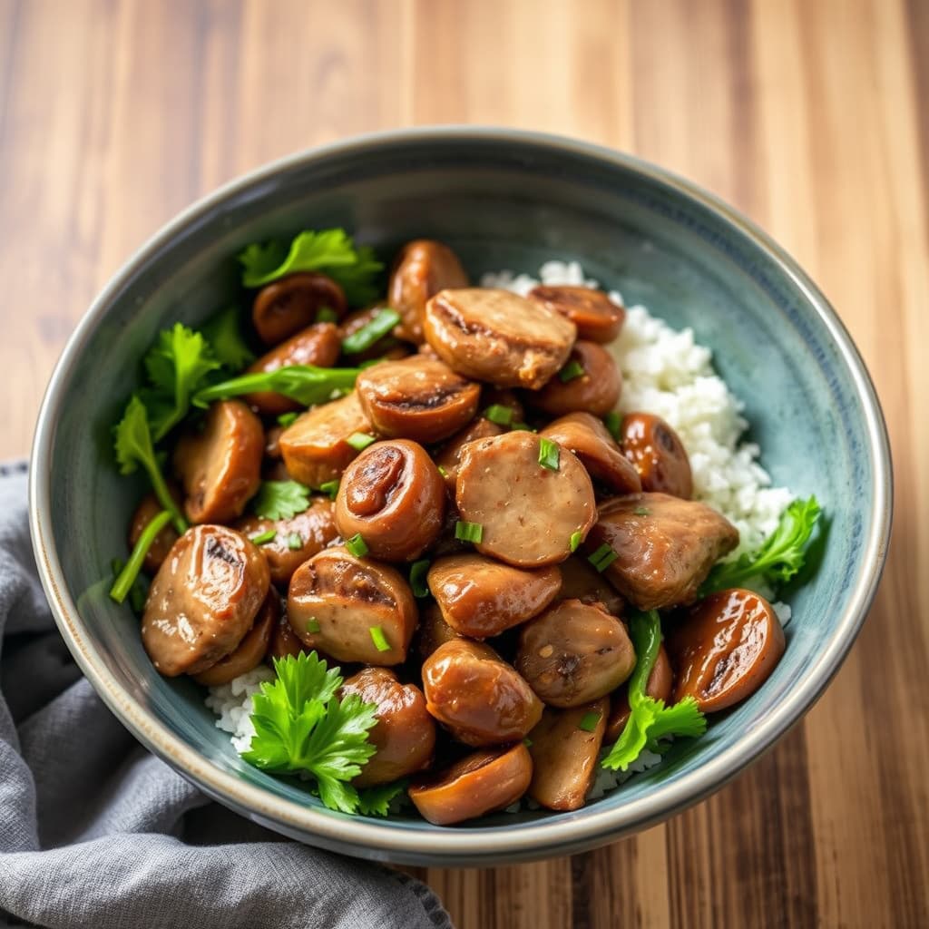 Lamb og shiitake-sopp wok