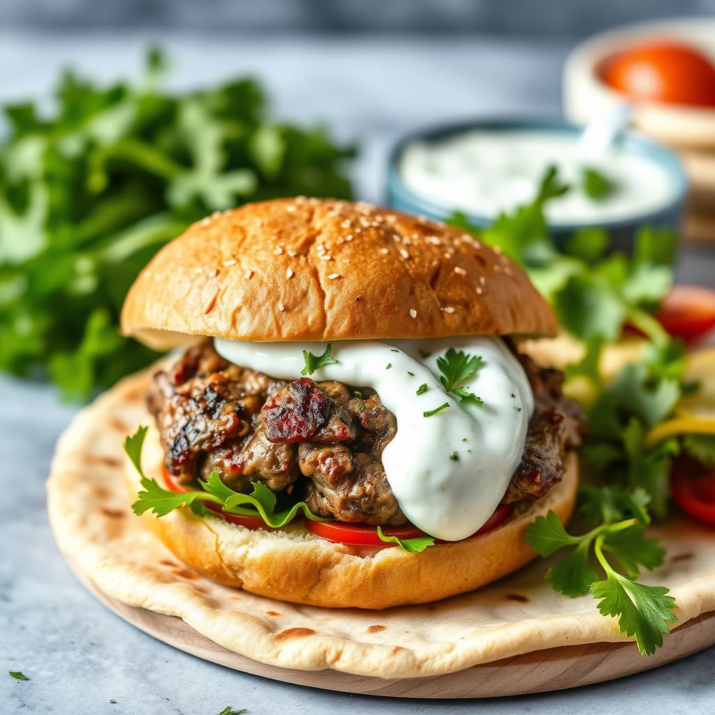 Lambburgere med hvitløksyoghurtsaus og pita