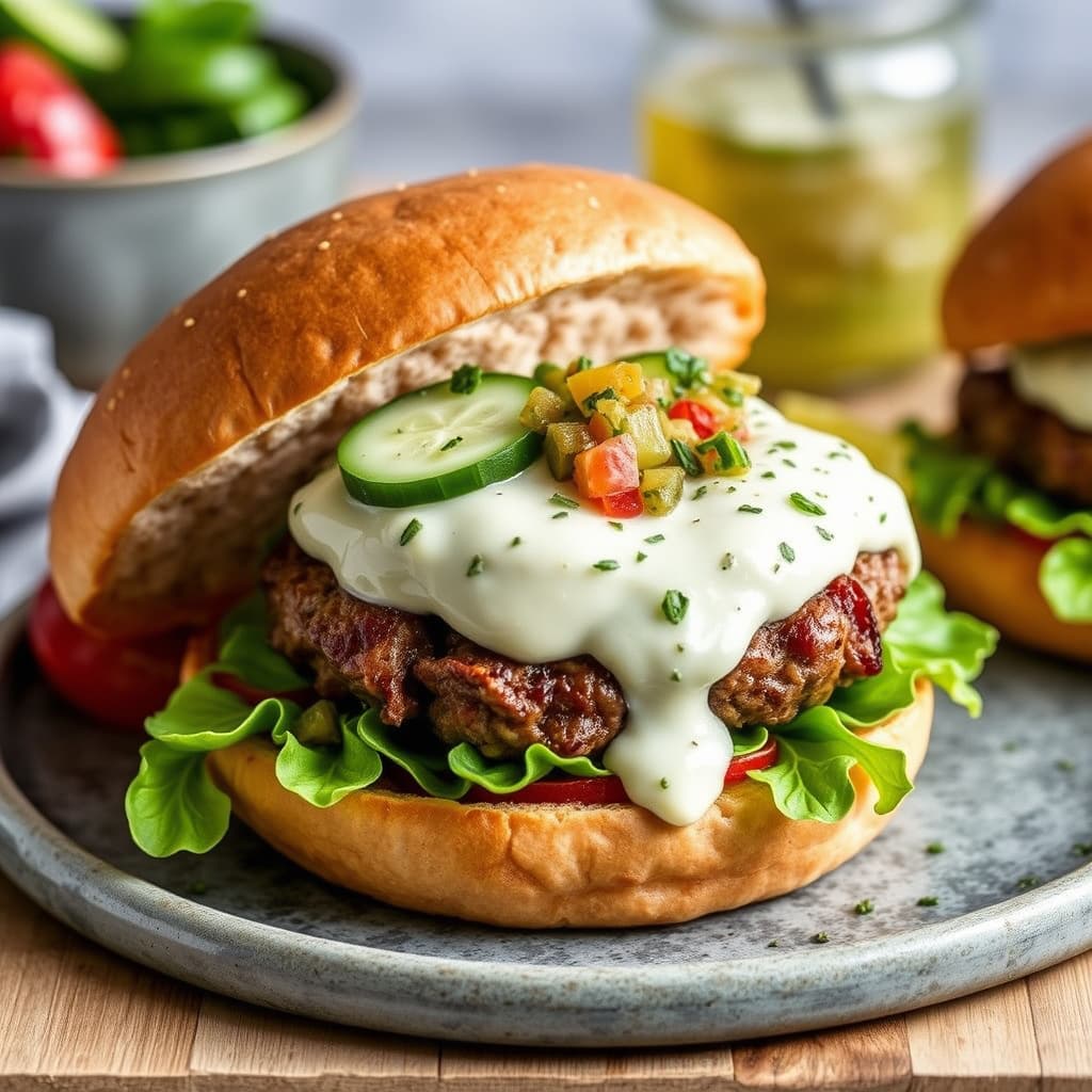 Lammeburgere med femkrydret krydder, sylteagurk og femkrydret aioli