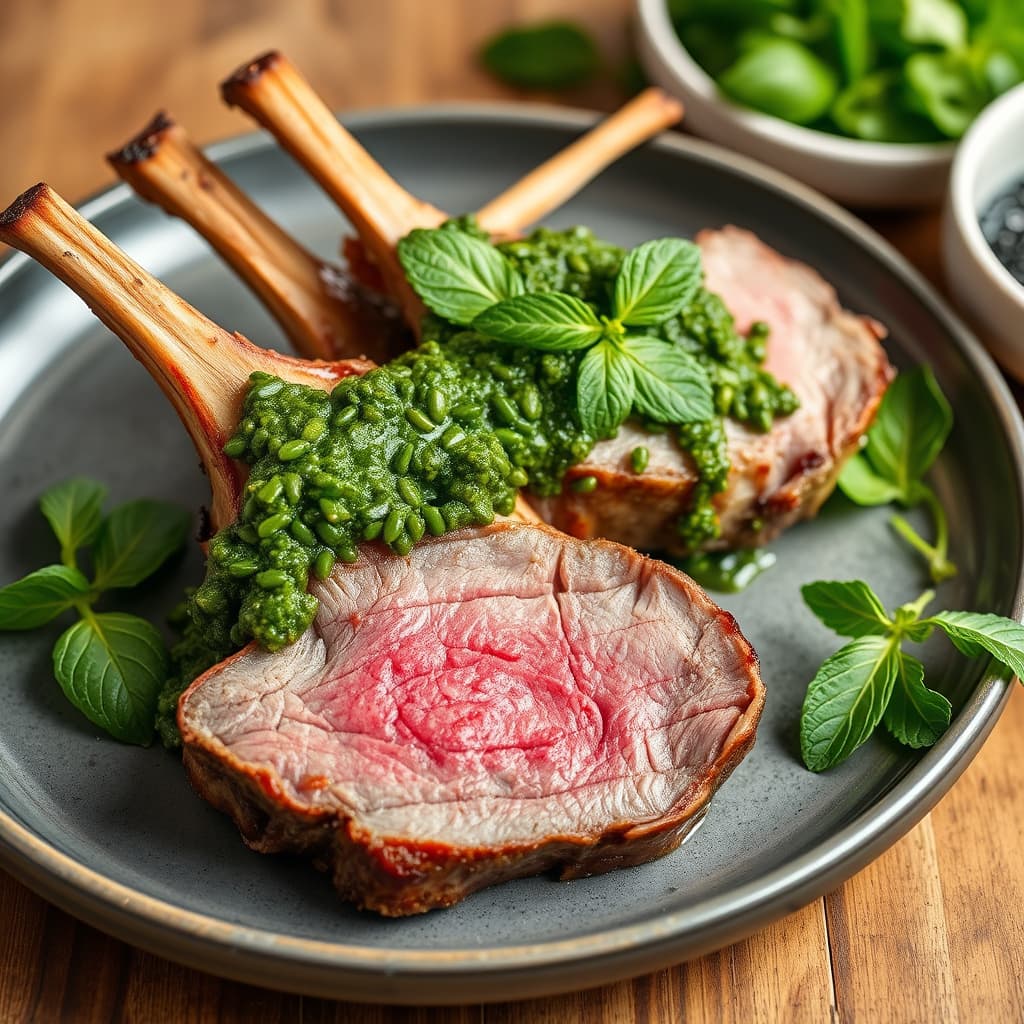 Lammekotelett med mynte- og basilikumpesto