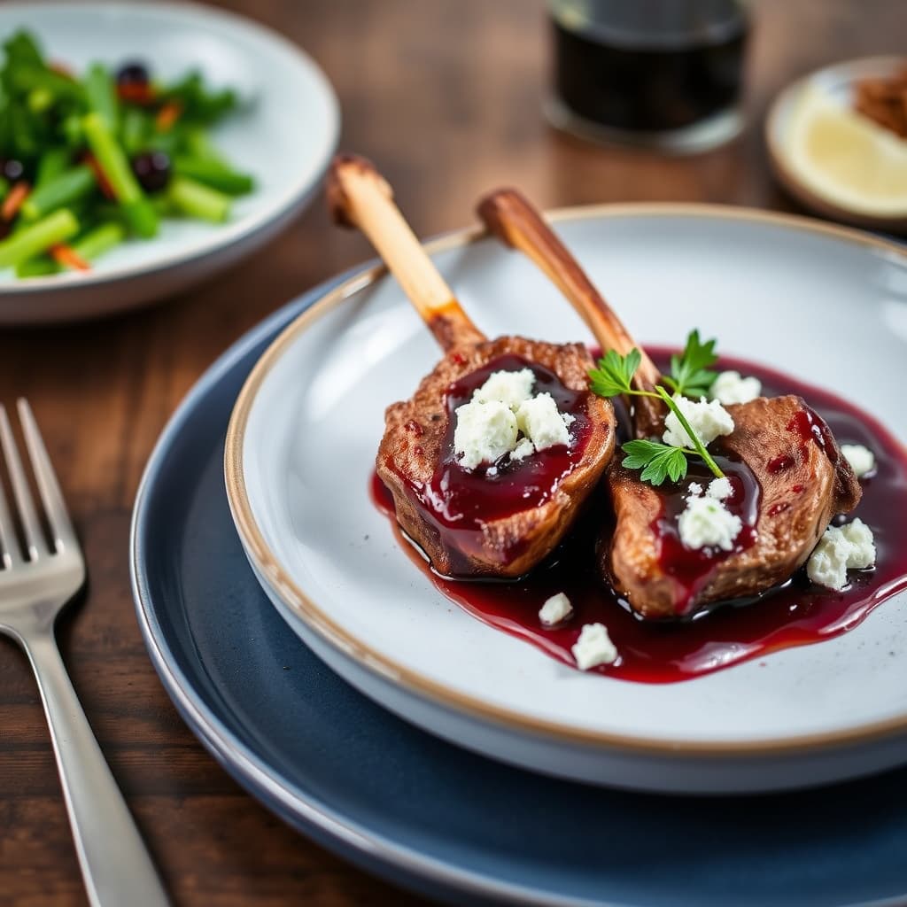 Lammekoteletter med fetaost og Banyuls-kirsebærsaus