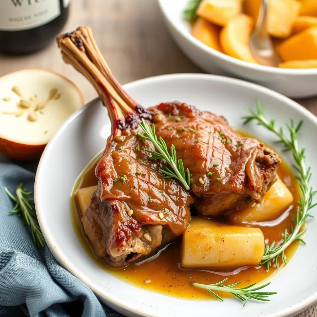 Lammelår skåret i staver, braisert i hvitvin med rosmarin