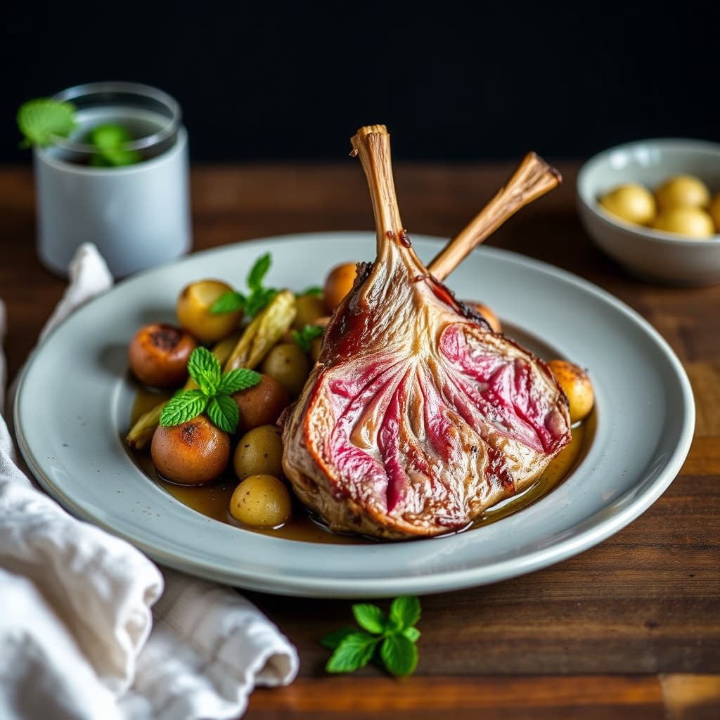 Lammerygg med artisjokker, nye poteter og mynte