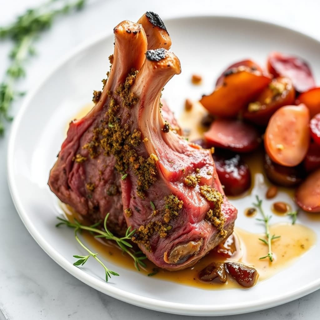 Lammerygg med karamellisert sjalottløk og timiancrust