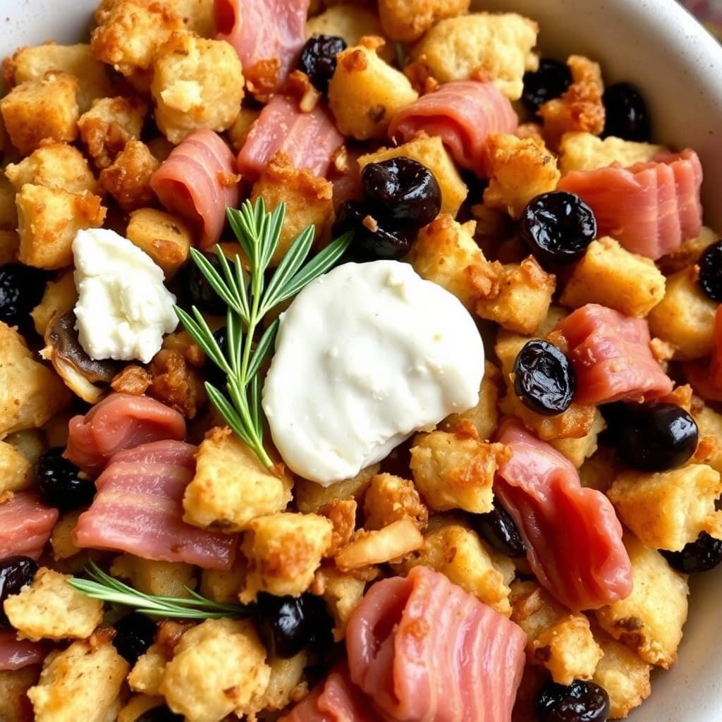 Landbrød-fyll med røkt skinke, geitost og tørkede kirsebær