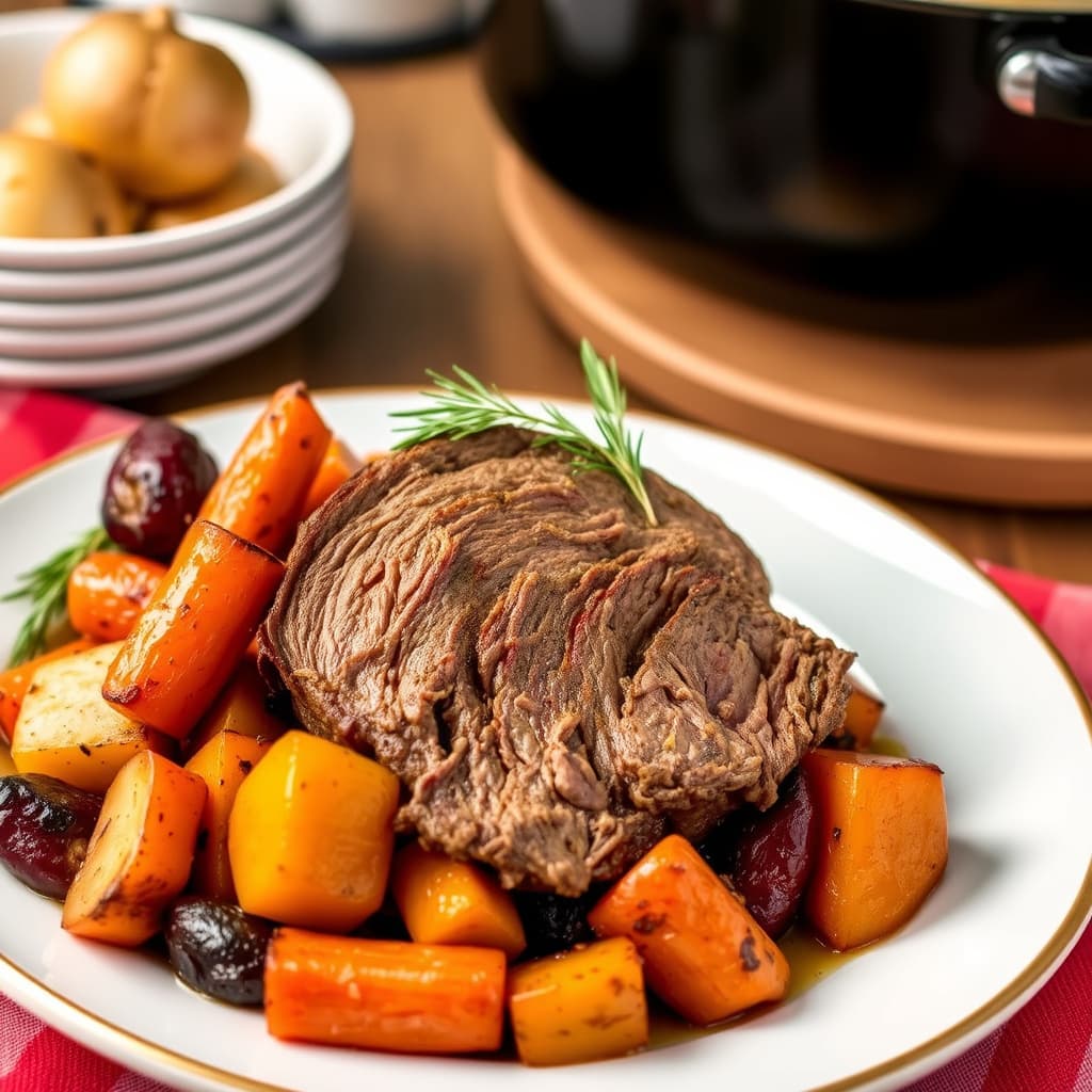 Langstekt storfekjøtt med ovnsbakte rotgrønnsaker
