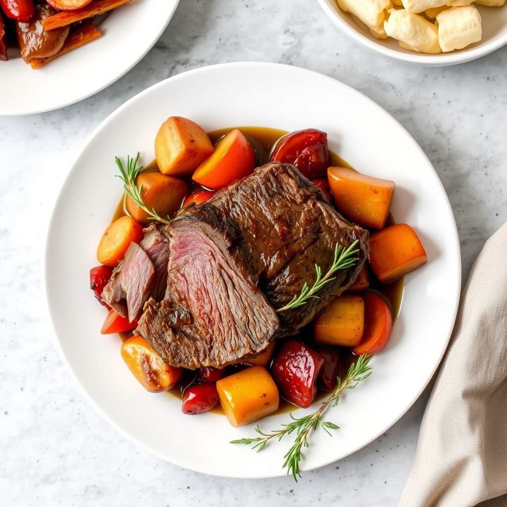 Langstekt storfekjøtt med vinterrotgrønnsaker