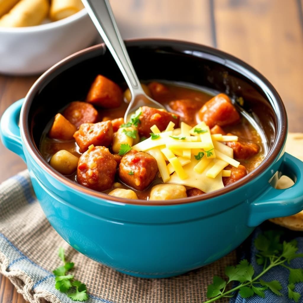 Langtidskokt kraftig pølsestuing med cheddarosttopping