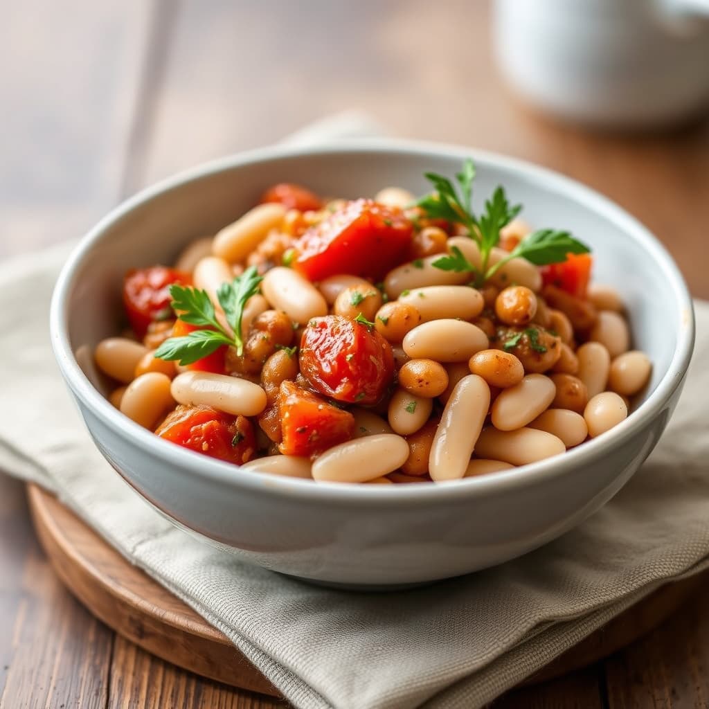 Langtidskokte hvite bønner med tomat og urter