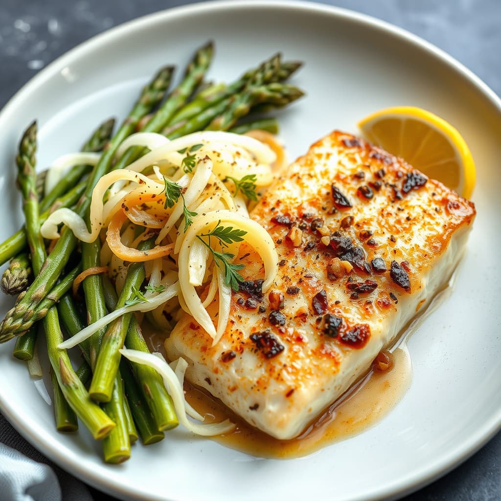 Langtidsstekt kveite med skivet asparges og fennikelsalat