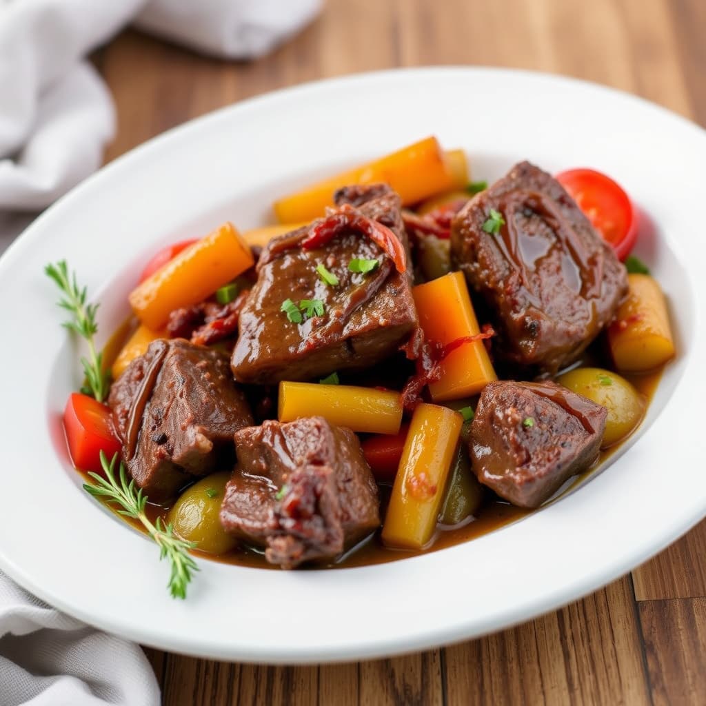 Langtidsstekte short ribs, lardons og små grønnsaker