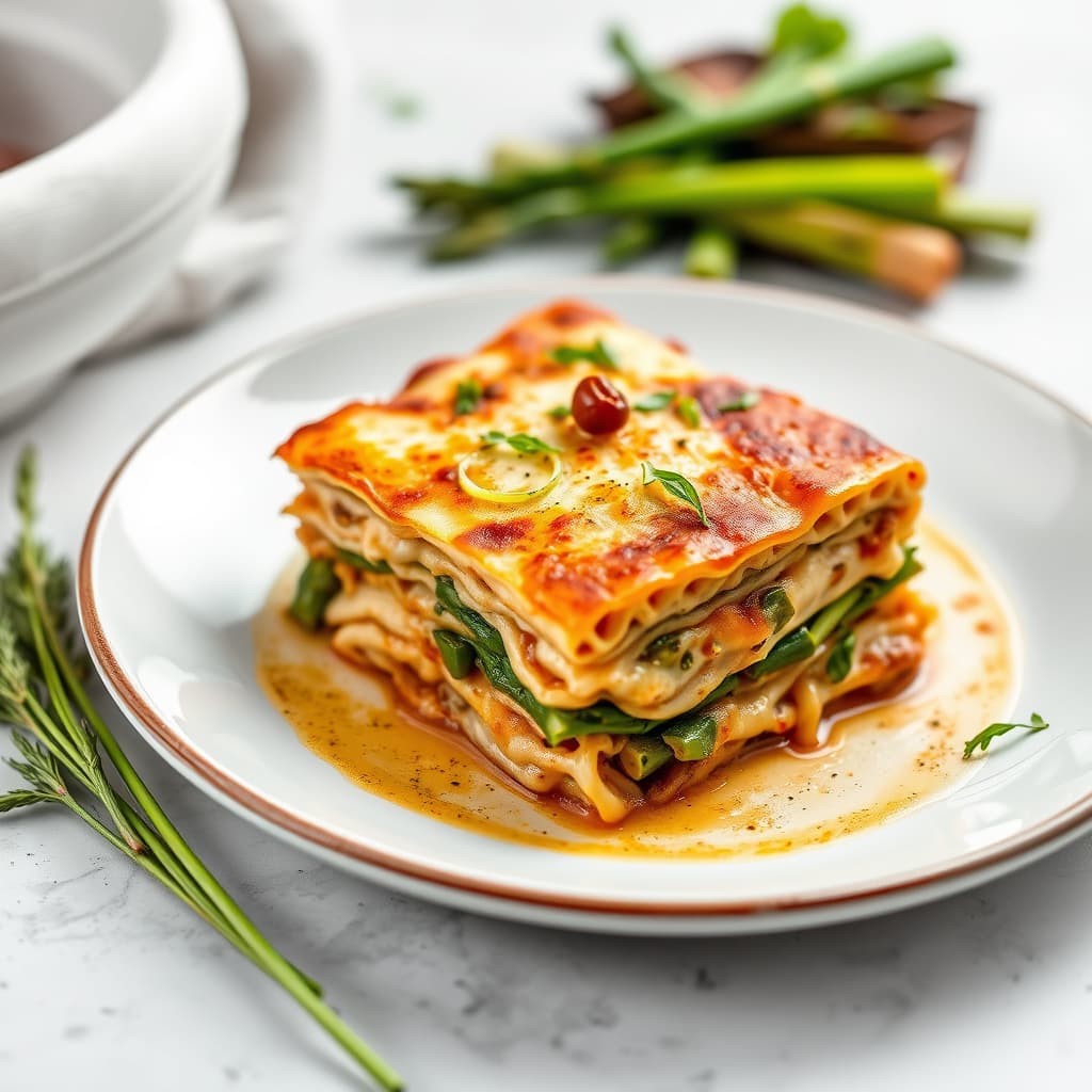 Lasagne med asparges, purre og moreller