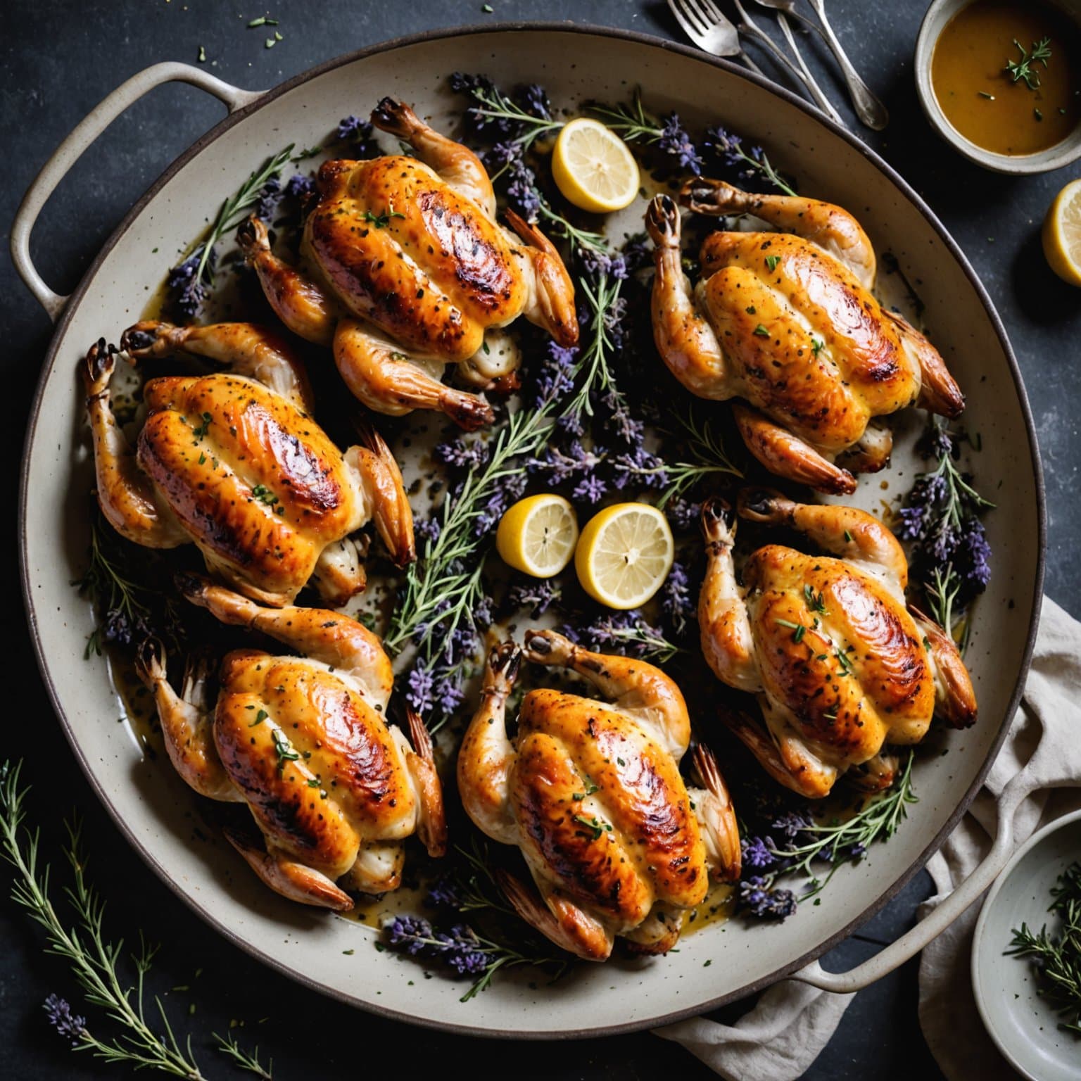Lavendel og timian stekte små høns