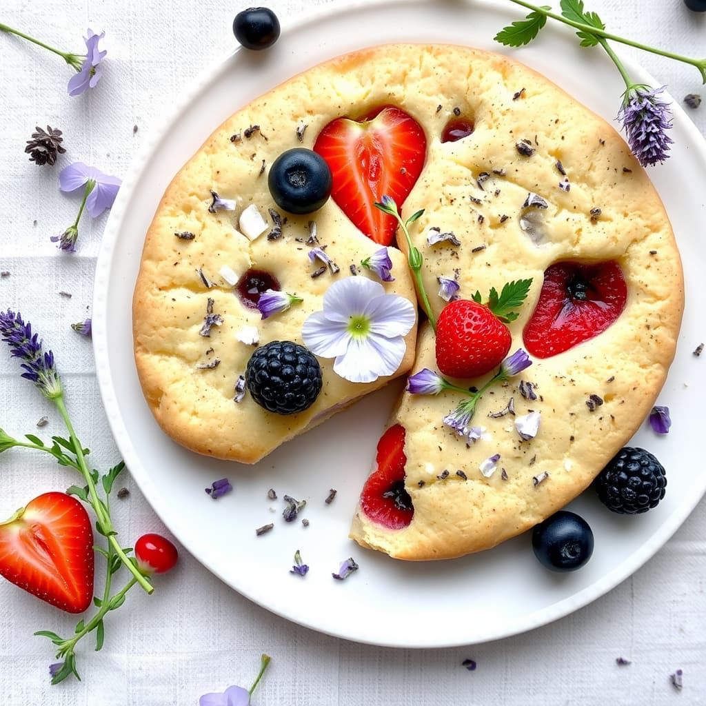 Lavendelsmørkjeks med frukt, blomster og urter