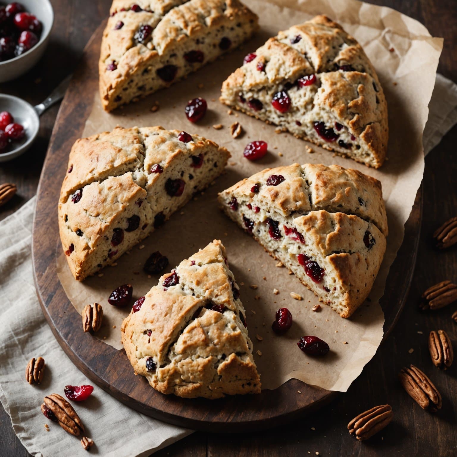 Lavfett, fullkorns scones med tranebær og pekannøtter