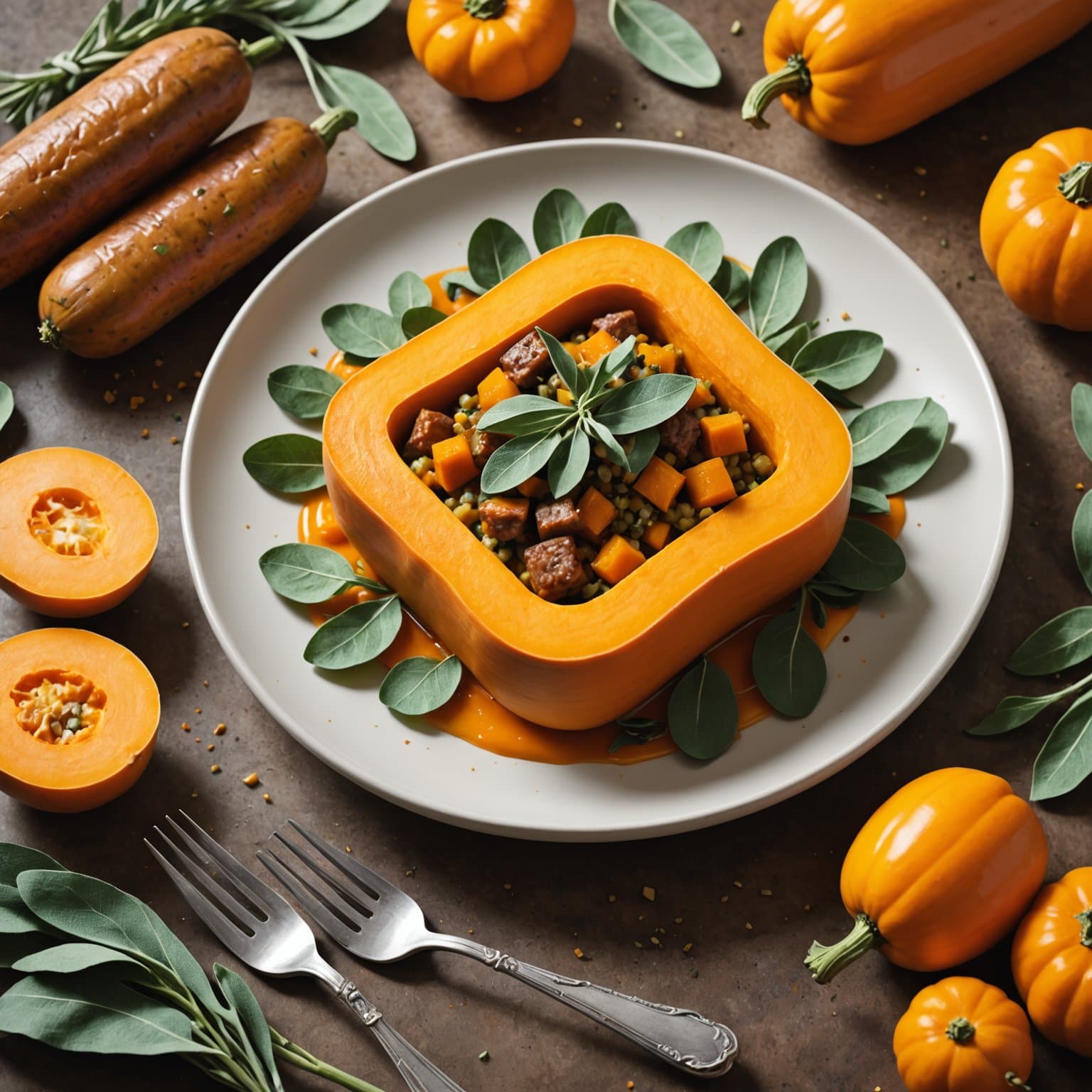 Leken butternutgresskar med salviesauspølse