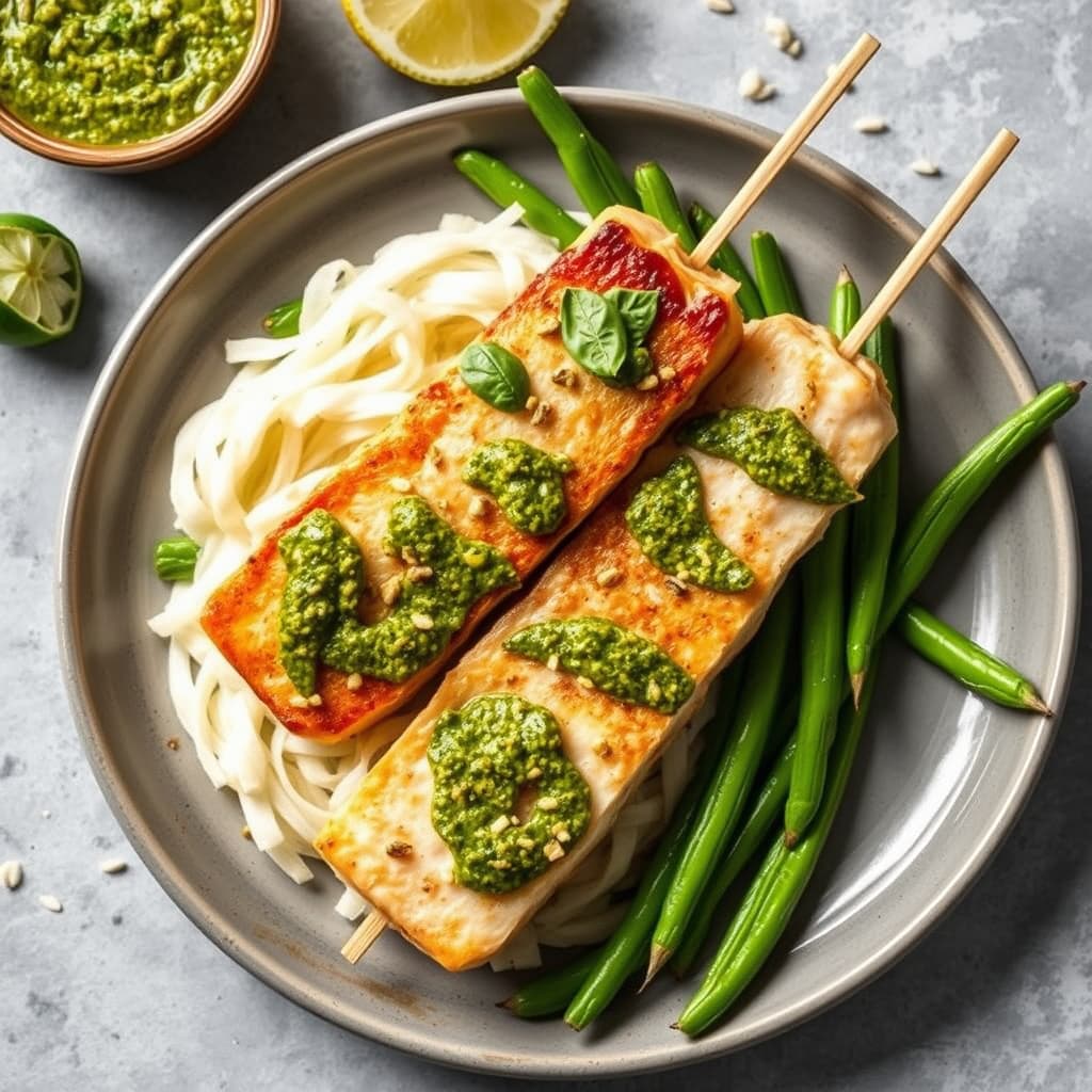 Lemongrass-spiddet sverdfisk med thai-basilikum-pesto og sesamlange bønner