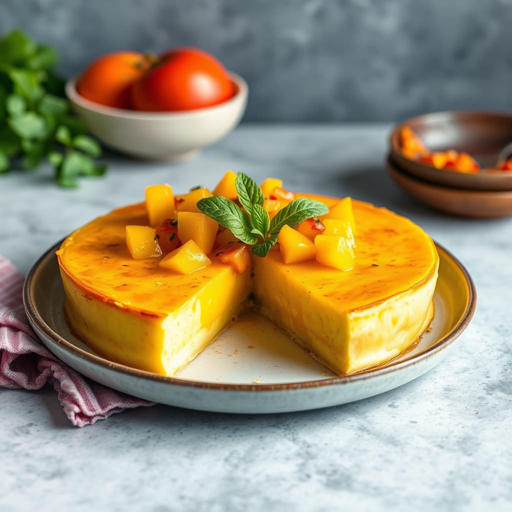 Lettfett mangoflan med appelsin- og mangosalat