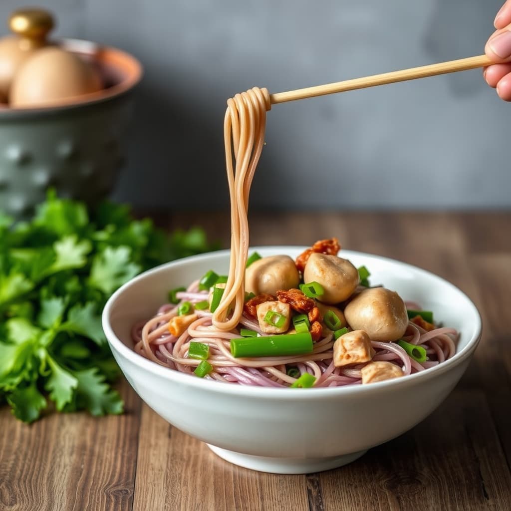 Lilla nudler woket med bambus og svinekjøtt: Hu Tieu Xao Mang Thit Lon