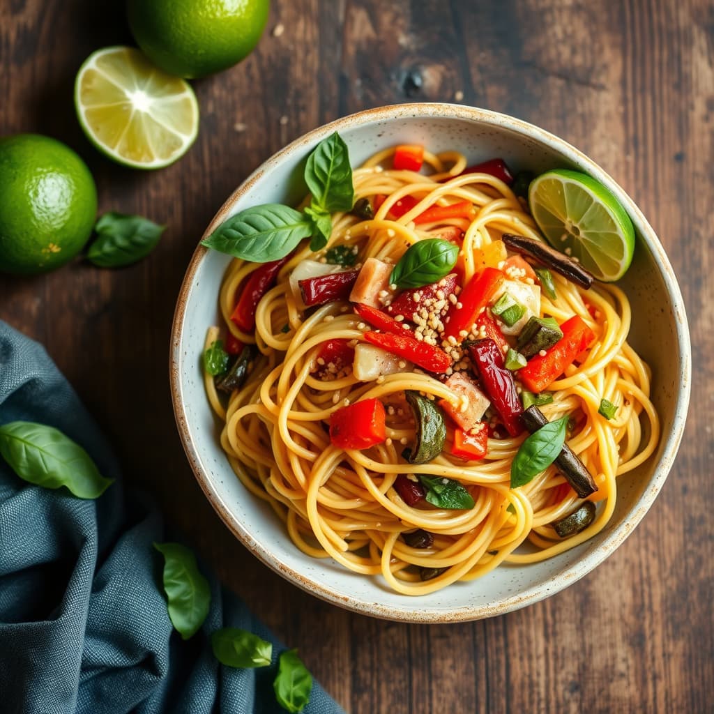 Lime-nudler med grønnsaker, basilikum og sesam