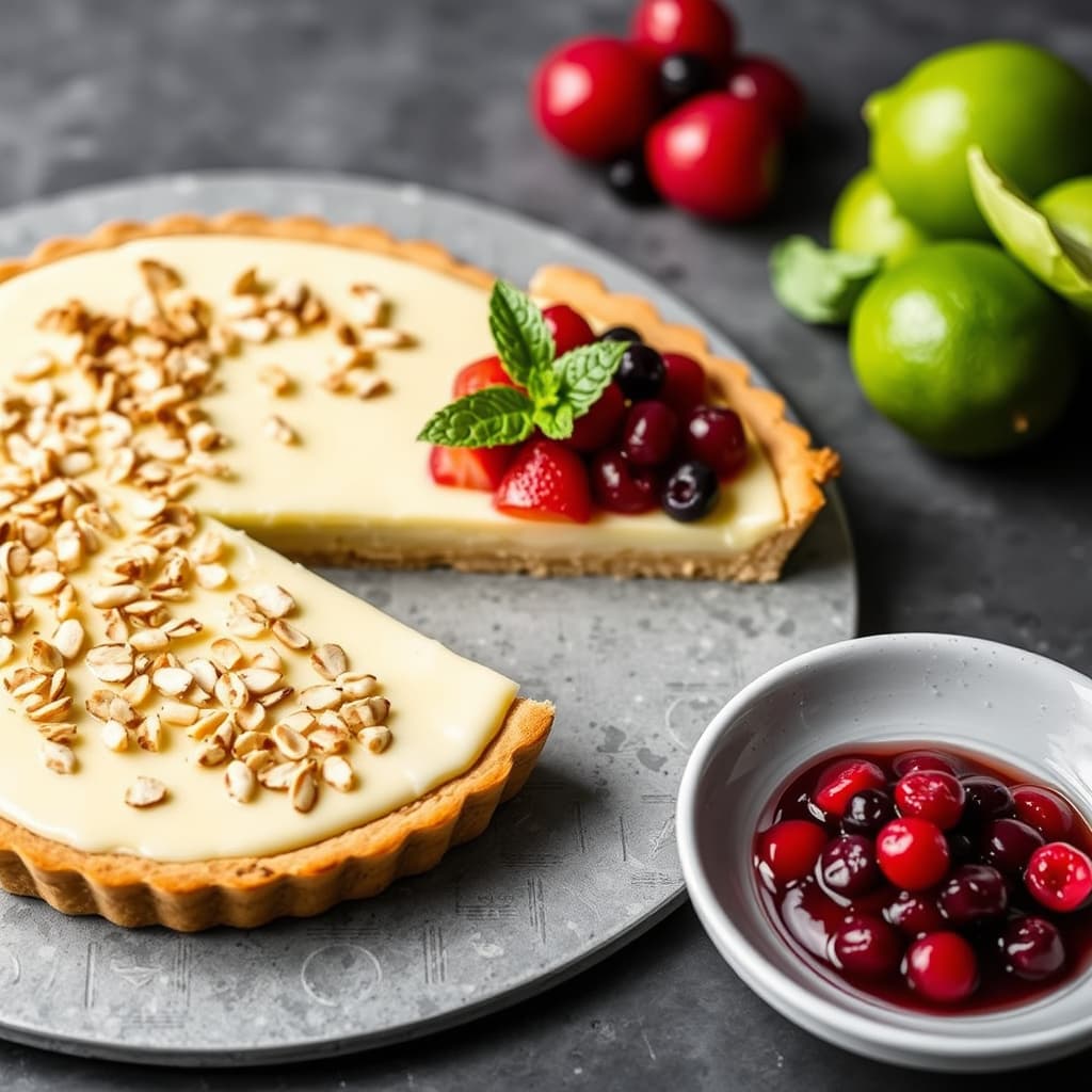 Limekrem og ristet mandeltærte med fruktkompott