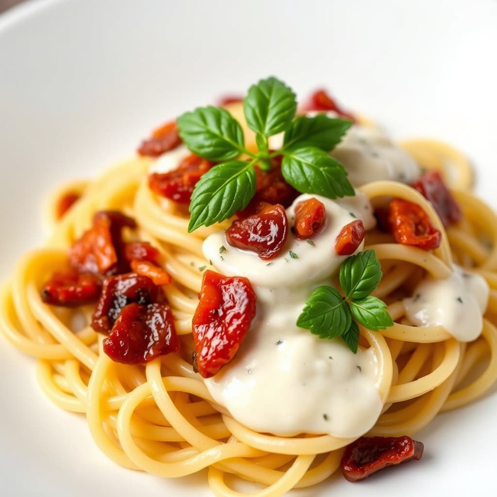 Linguine med bacon, soltørkede tomater og fløte