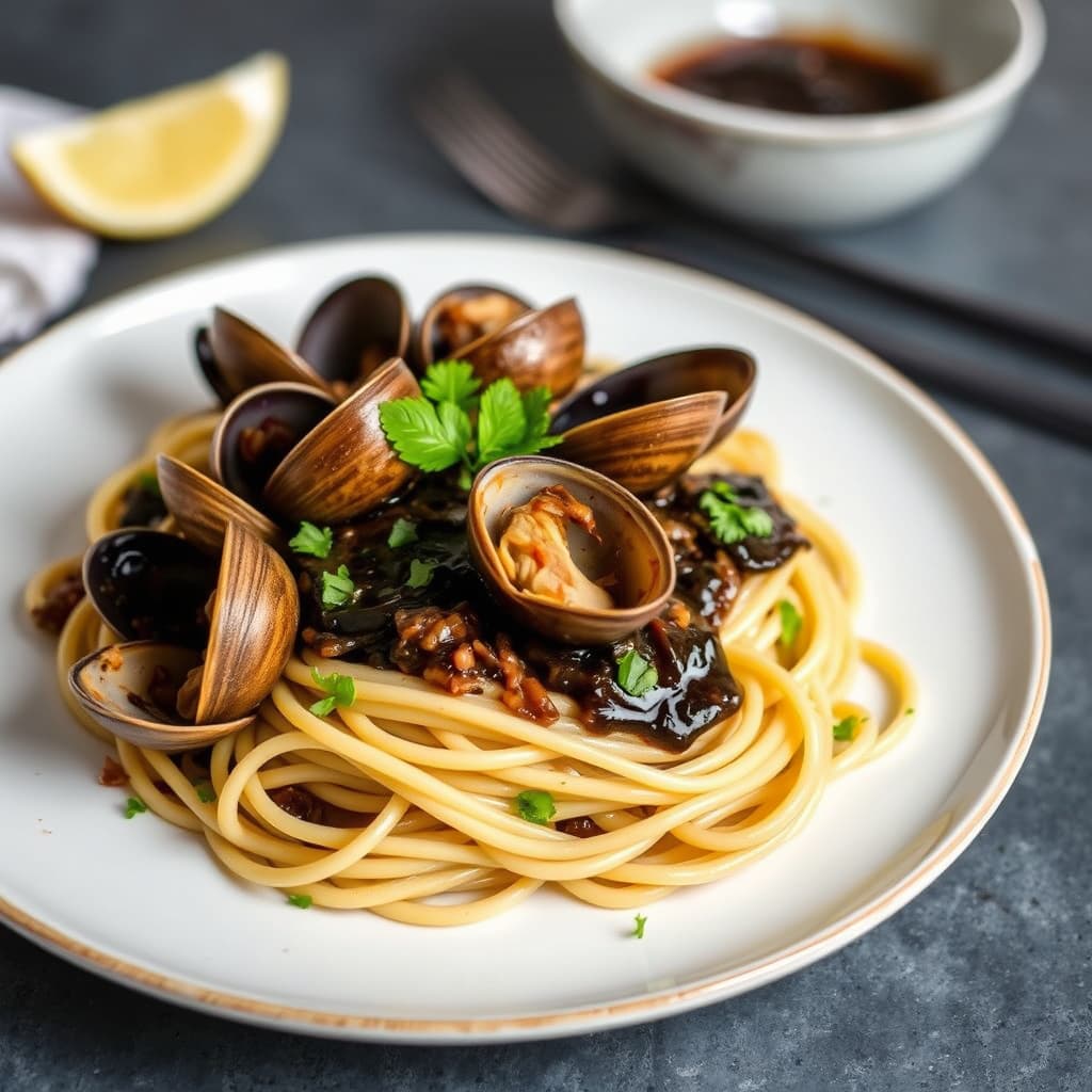 Linguine med blåskjell i svart bønnesaus