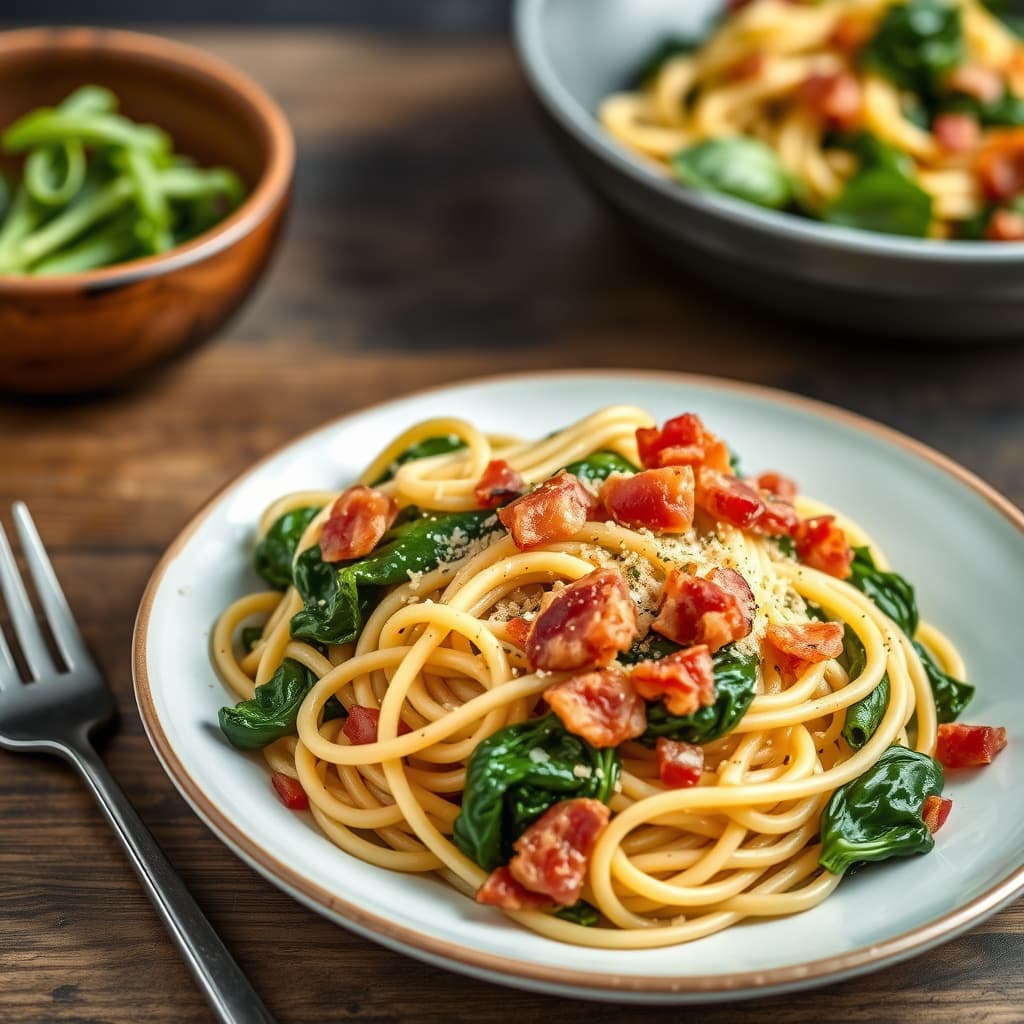 Linguine med collard greens og bacon