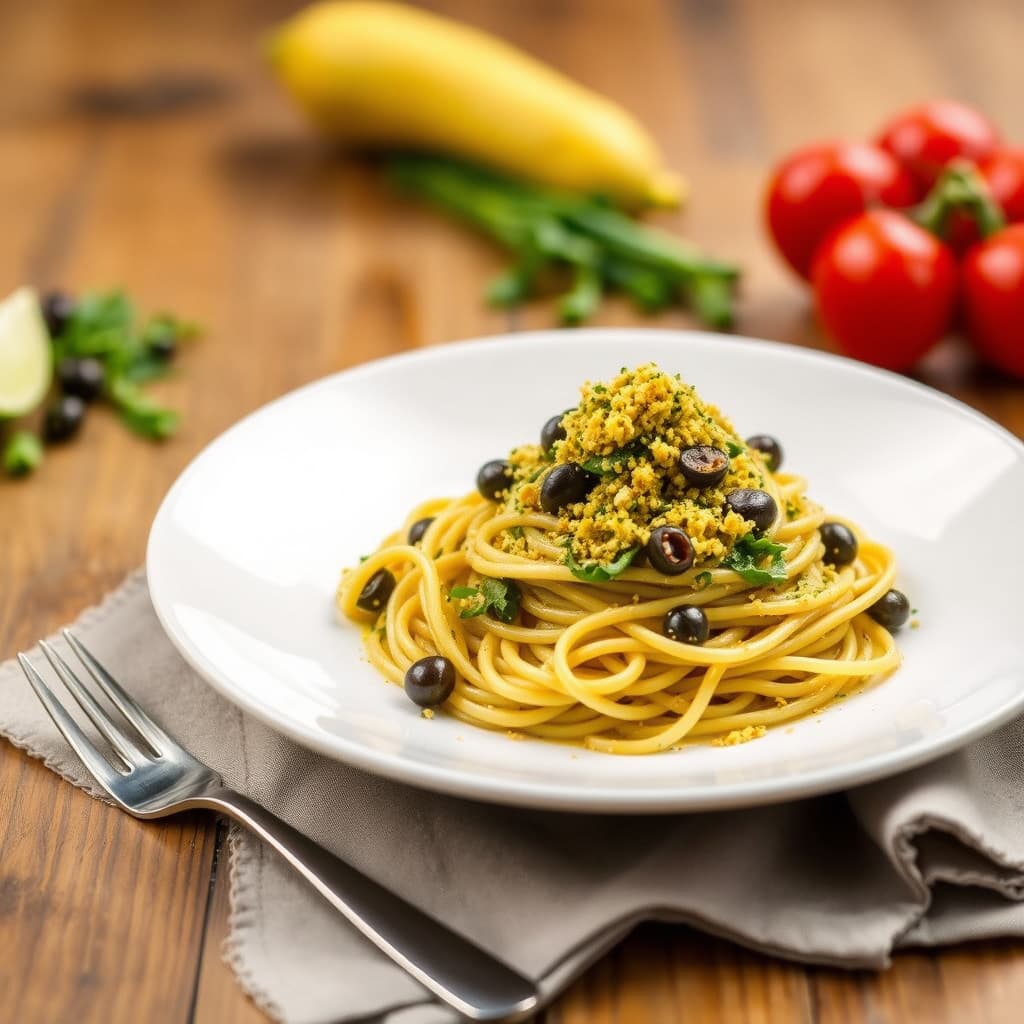 Linguine med grønn oljesaus og krydrede brødsmuler