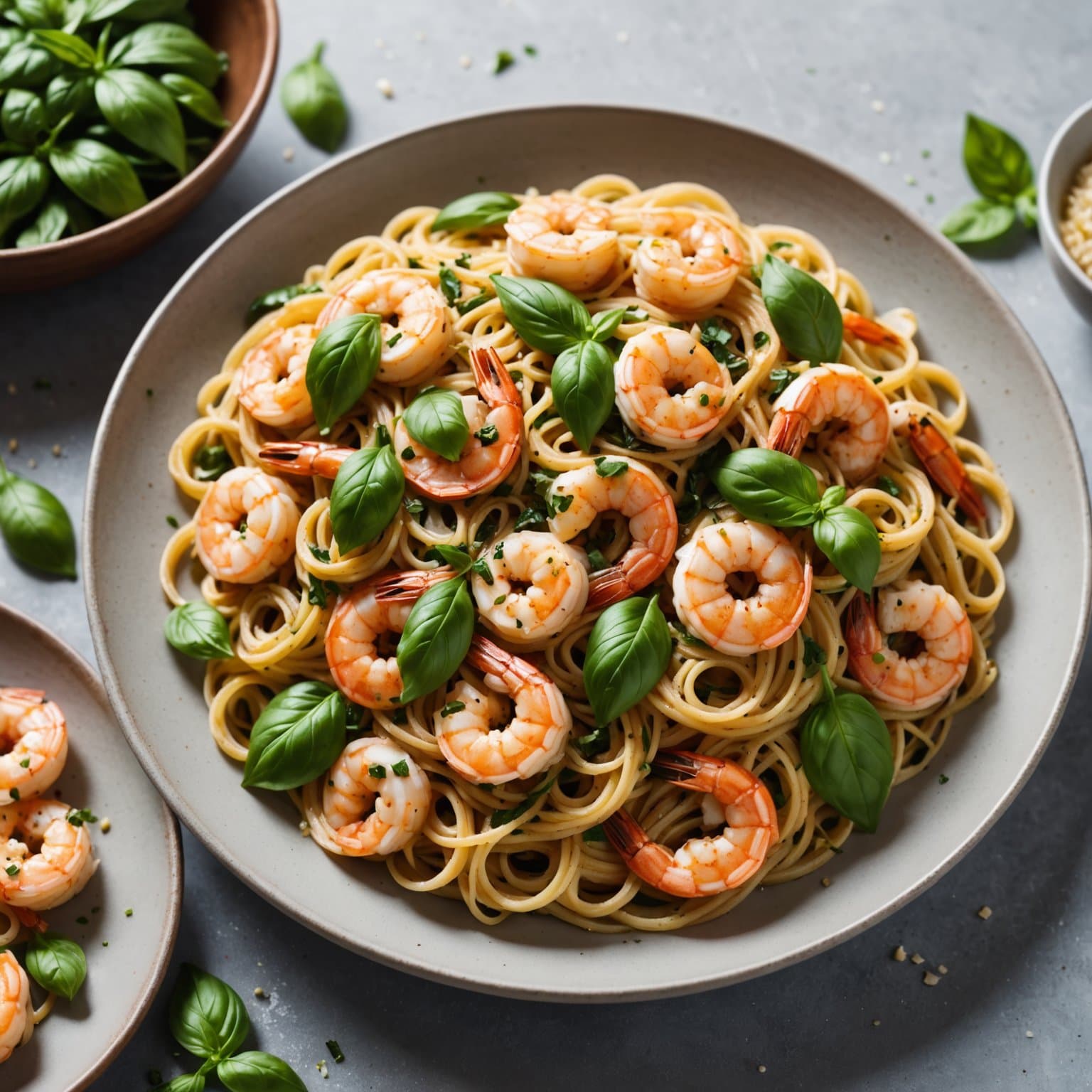 Linguine med hvitløksreker og basilikum