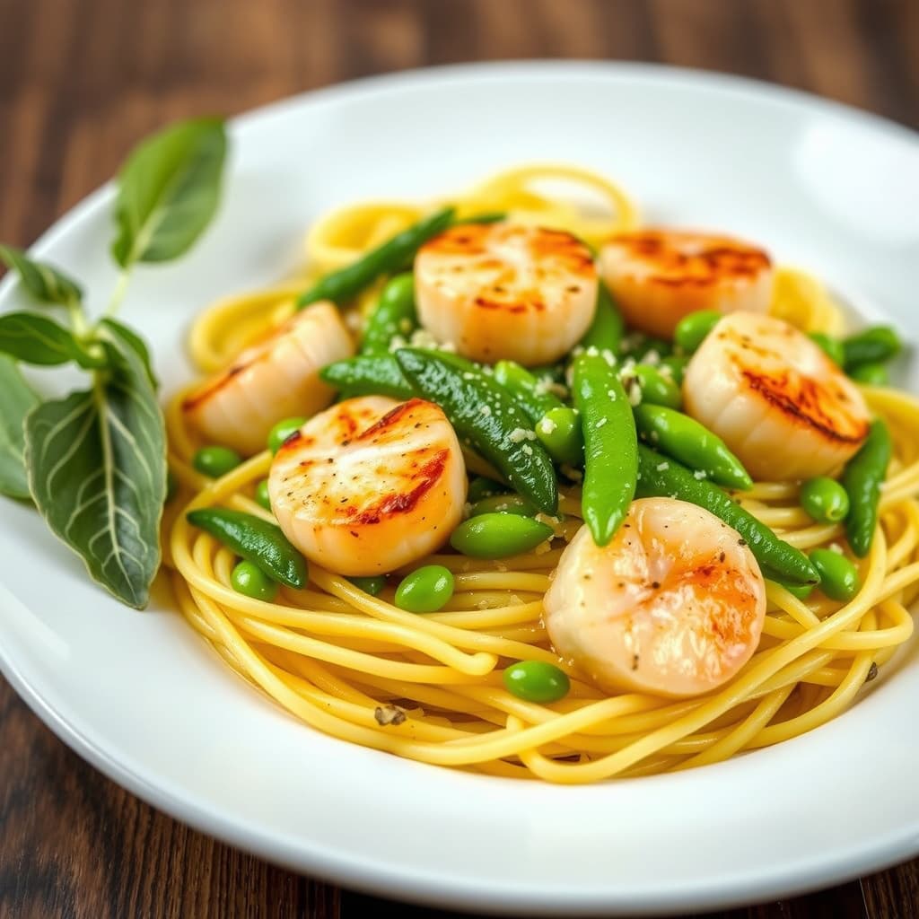 Linguine med kamskjell og snøerter i safransaus