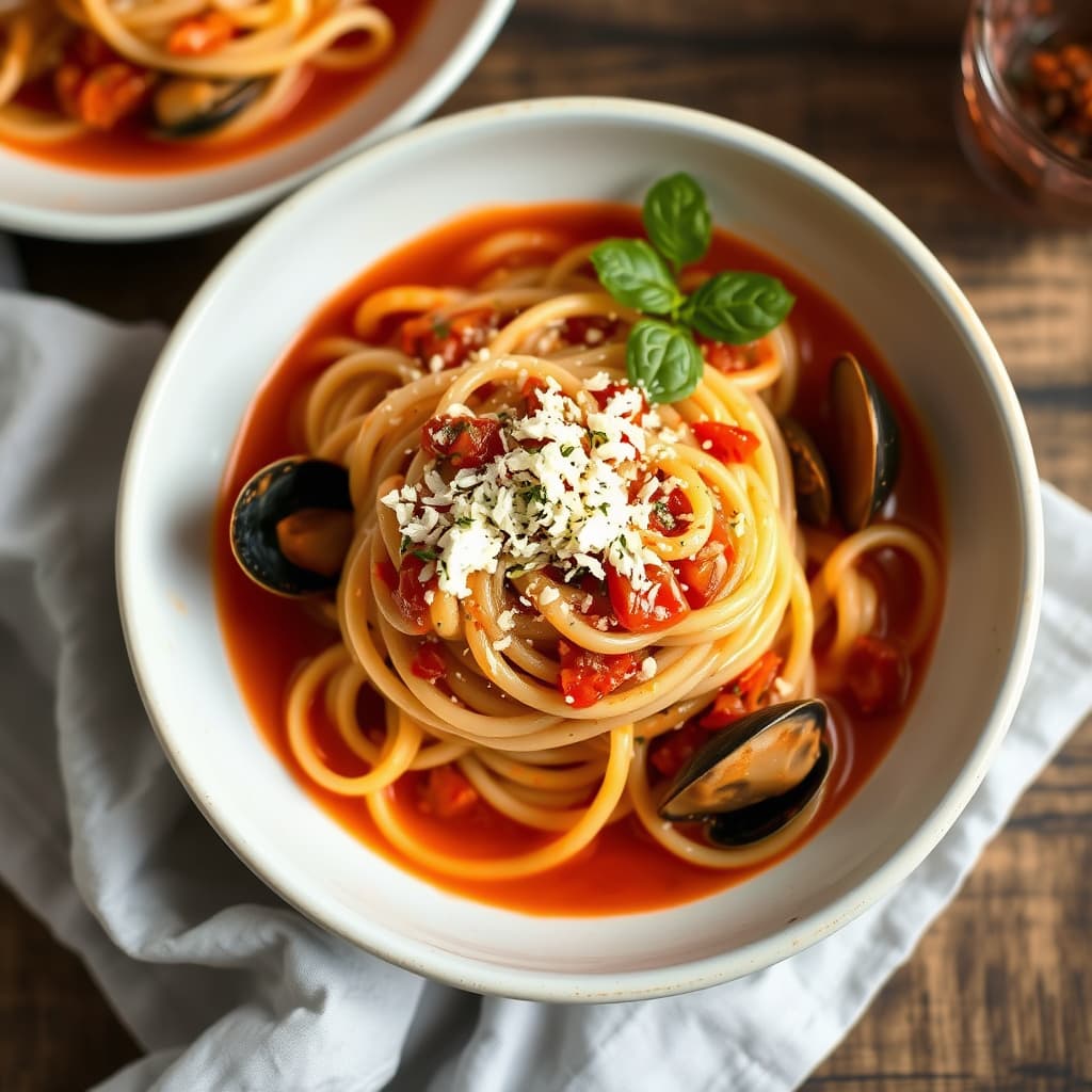 Linguine med krydret tomatsaus og clam juice