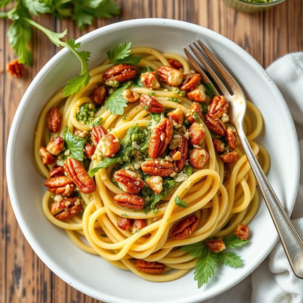 Linguine med pekannøtt-ruccolapesto