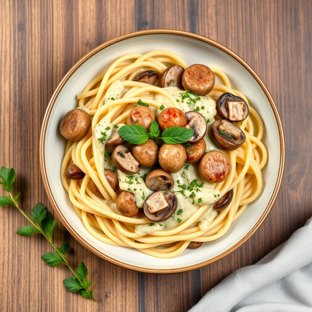 Linguine med pølse, sopp og kremsaus
