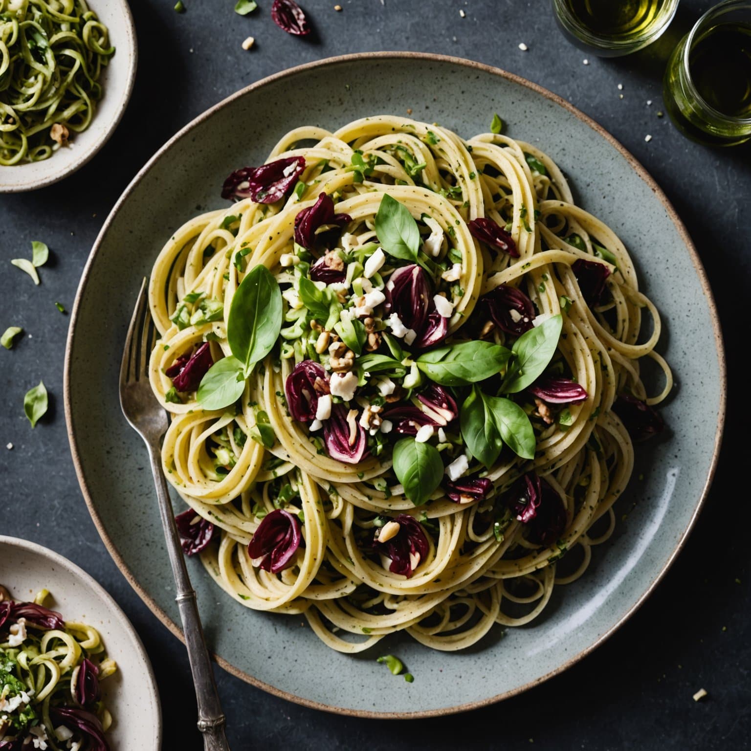 Linguine med purre, radicchio og valnøttpesto