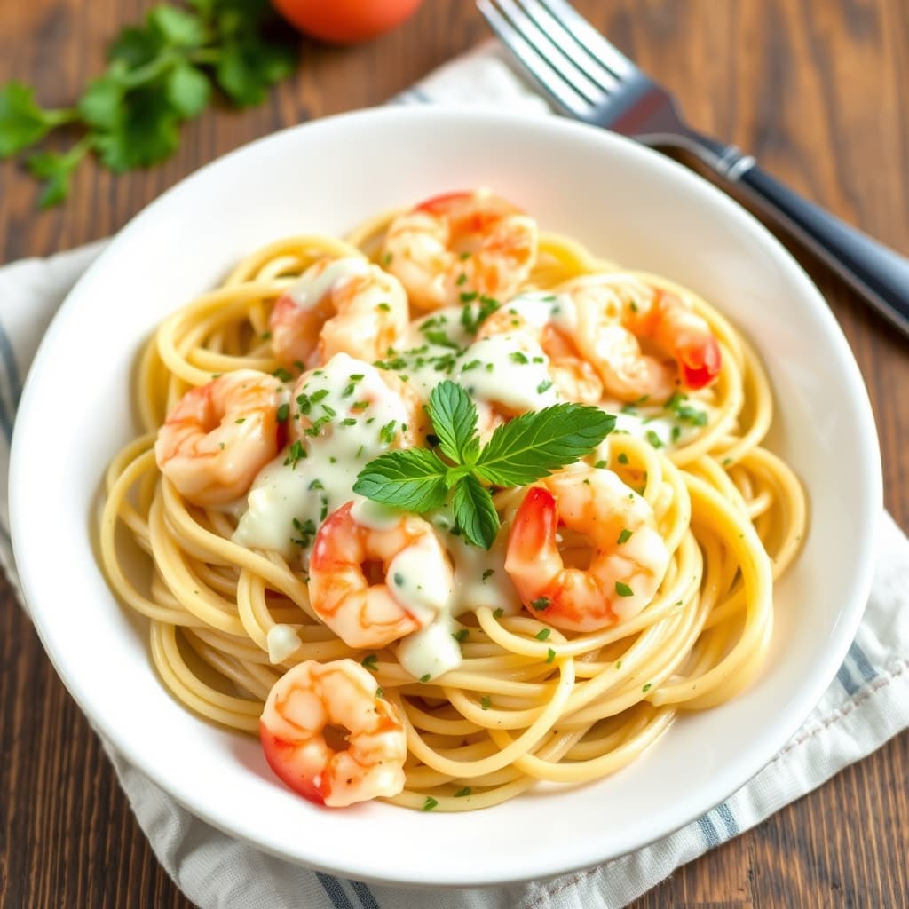 Linguine med reker og hvitløkskremsaus