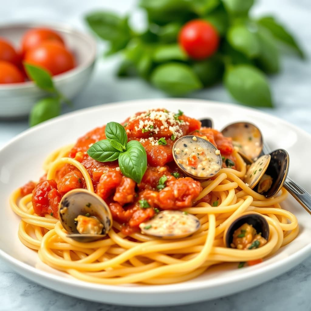 Linguine med tomat- og basilikumsjy med blåskjell